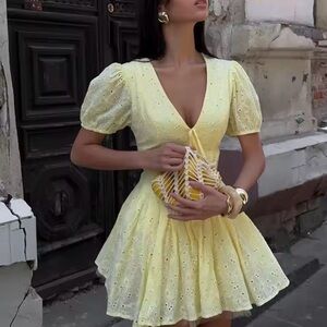 Yellow Eyelet Puff-Sleeve Mini Dress